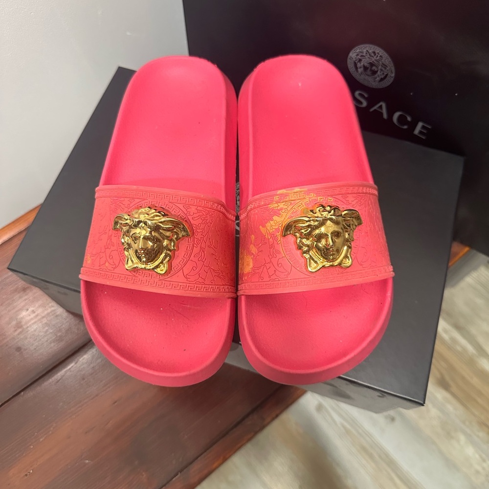 Versace Vibrant pink Slides with Gold Medusa Accent